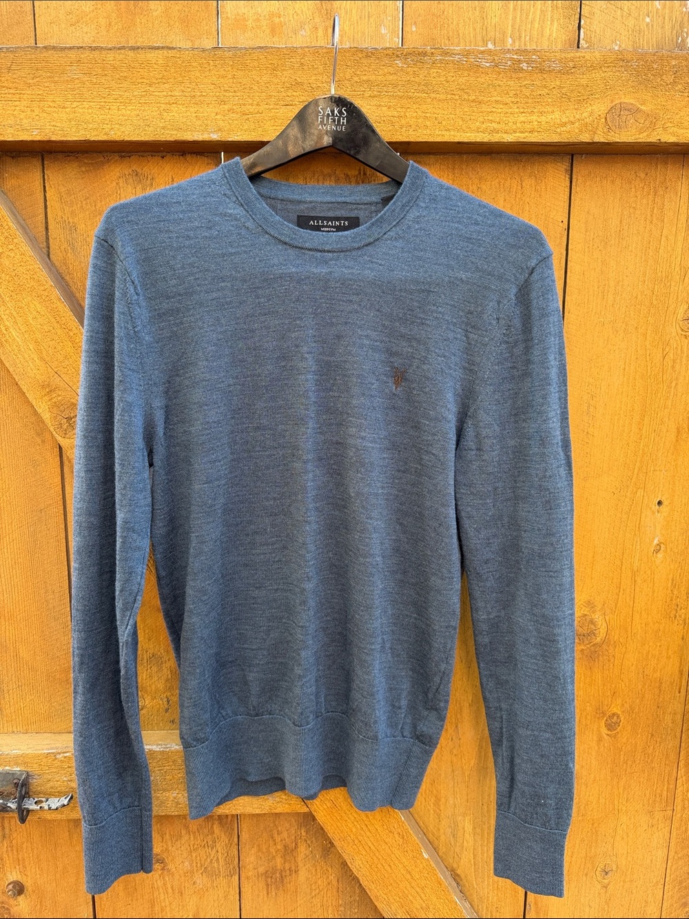 AllSaints Men's Blue Slate Crewneck Merino Wool Sweater (M)